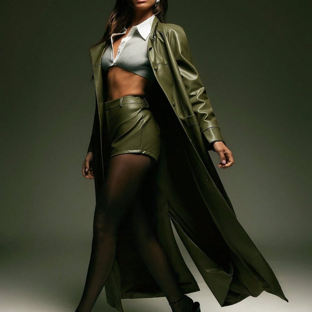 Army Green Casual Women's Faux Leather Trench Coat - Picture 3 of 6